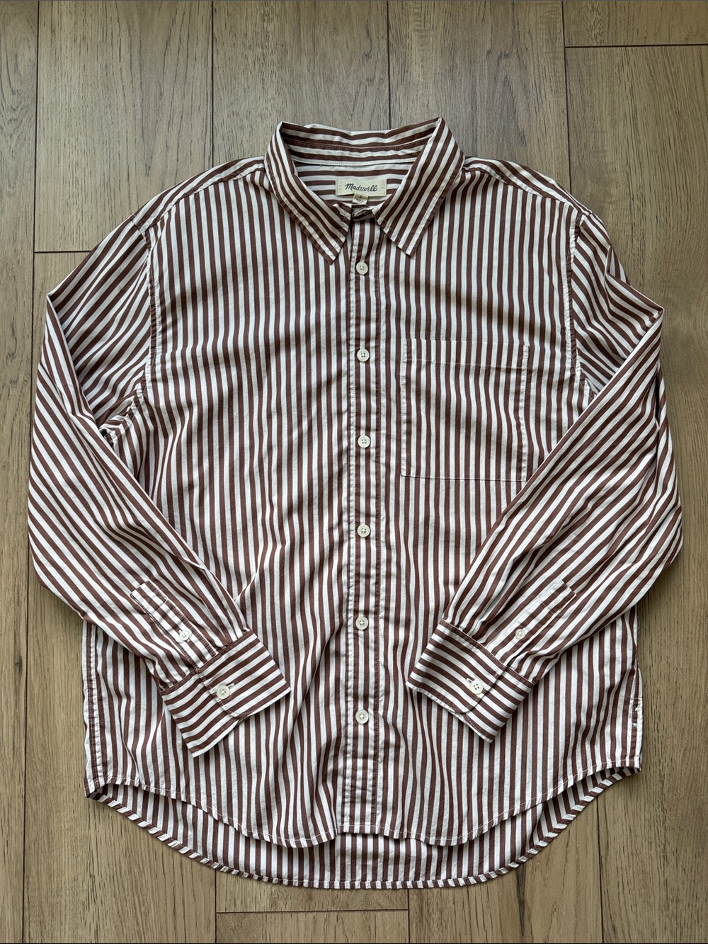 Madewell Brown White Stripe Button Up Shirt Women’s Large Long Sleeve Collar